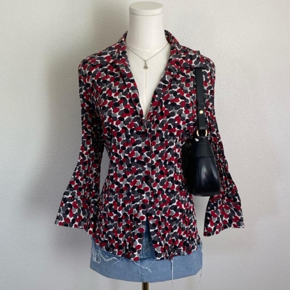 Vintage Como By Fred David Plisse Button Down Blouse Geometric